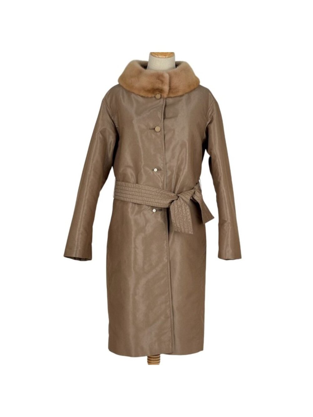 Fendi Fur Coat Fur Liner Belt Outer Polyester Fur Beige